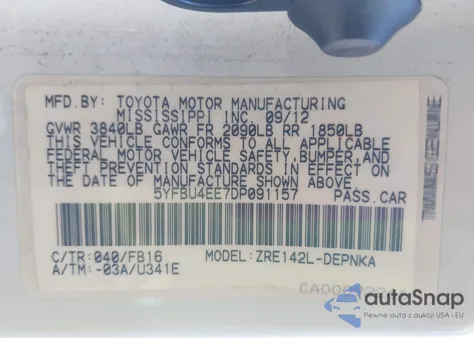 2013 Toyota Corolla Le z USA, uszkodzony, nr VIN 5YFBU4EE7DP091157